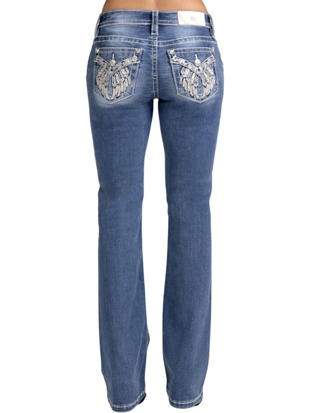 Rhinestone Wing Embellished Mid-Rise Bootcut Jeans with Flap Pockets